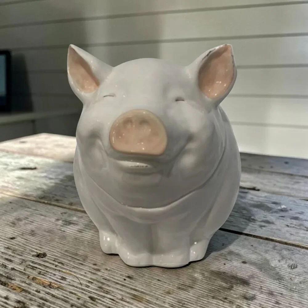 2000s Pier 1 Imports Hand Painted Earthenware Pig Cookie Jar Farmhouse Decor